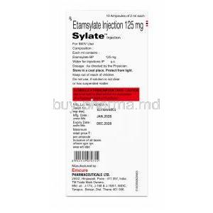 Sylate Injection, Ethamsylate 125 mg, Ampoule 2mL, Emcure Pharmaceuticals Ltd, Box information