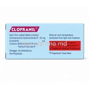 Clofranil, Clomipramine 25mg, Box back view