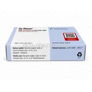 Co-Diovan, Valsartan 160mg / Hydrochlorothiazide 12.5mg, Box bottom view