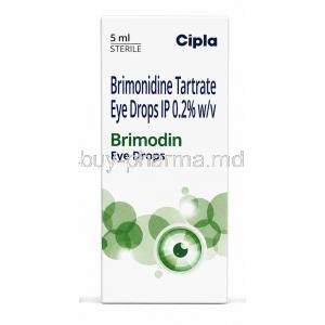Brimodin Eye Drop, Brimonidine 0.2%,Eye Drop 5mL, Cipla, Box front view (New)