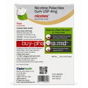 Nicotex Gum, Paan Flavour, Nicotine 4mg, Box back view
