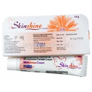 Skinshine Cream, Hydroquinone 2% w/w / Mometasone 0.1% w/w / Tretinoin 0.025% w/w, Cadila Pharmaceuticals, box and tube front view
