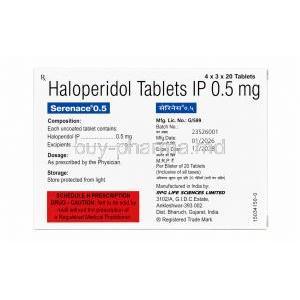 Serenace 0.5, Haloperidol 0.5 mg, 20 tablets, RPG Life Sciences, Box information