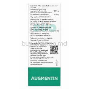 Augmentin Duo Oral Suspension, Amoxycillin 200 mg/ Clavulanic Acid 28.5mg per 5mL, Oral suspension 30 mL, GSK, Box information, Contents