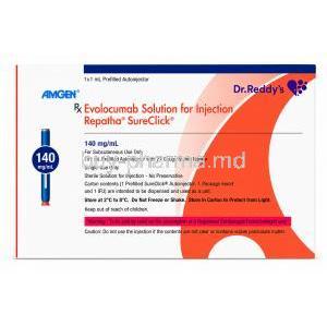 Repatha SureClick Injection, Evolocumab 140mg/mL,Prefilled Autoinjector, Amgen, Box information, Caution, Storage