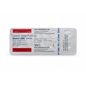 Etova 200, Etodolac Tablets 200 mg, Blister pack back view