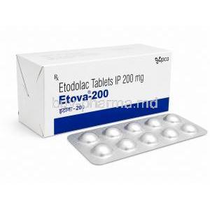 Etova 200, Etodolac Tablets 200 mg, Box and Blister pack