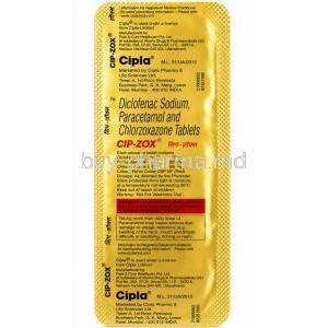 Cip-Zox, Chlorzoxazone 500 mg / Diclofenac 50 mg / Paracetamol 325 mg, 6 tablets, Cipla, Blisterpack information