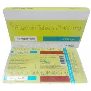 Rexigut, Rifaximin 400 mg, Leeford healthcare, Box, Blisterpack information