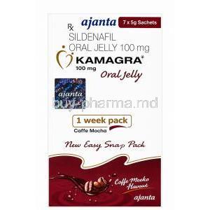 Kamagra Jelly, Sildenafil Citrate 100 mg per sachet,7 x Oral Jelly 5 g (Coffee Mocha Flavour), Ajanta Pharma, Box front view