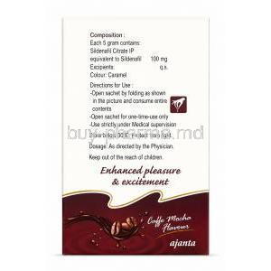 Kamagra Jelly, Sildenafil Citrate 100 mg per sachet,7 x Oral Jelly 5 g (Coffee Mocha Flavour), Ajanta Pharma, Box information, Direction for use