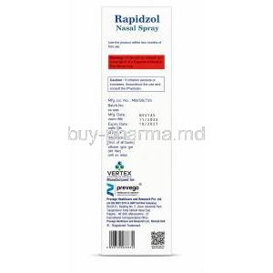 Rapidzol Nasal Spray, Zolmitriptan 5 mg dose, Nasal Spray 7MD, Prevego Healthcare, Box information