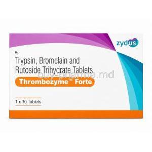 Thrombozyme Forte, Bromelain 180 mg / Trypsin 96 mg / Rutoside 200 mg,  Zydus Cadila, Box front view
