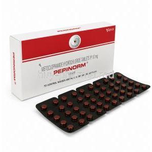 Perinorm, Metoclopramide 10 mg, Ipca Laboratories, Box front and Blister pack