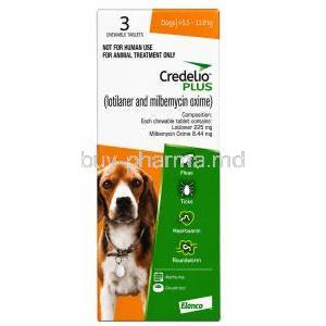 Credelio Plus  for Medium Dogs (5.5 kgs - 11 kgs) 3 chewable tablets,  Elanco India, Box front view