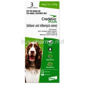 Credelio Plus  for large dogs (11 kgs - 22 kgs)   3 chewable tablets,  Elanco India, Box front view