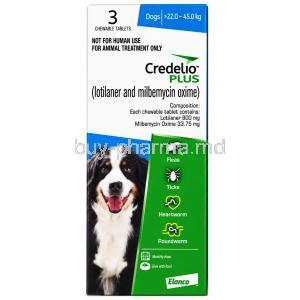 Credelio Plus  for Extra large dogs (22 kgs - 45 kgs)   3 chewable tablets,  Elanco India, Box front view