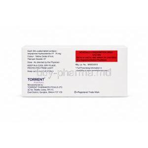 Antidep, Imipramine Hydrochloride 75mg, Torrent Pharma, Box back view
