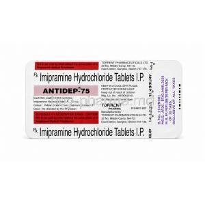 Antidep, Imipramine Hydrochloride 75mg, Torrent Pharma, Tablet blister pack back view