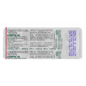 Axepta, Generic  Strattera,  Atomoxetine  25 Mg Packaging