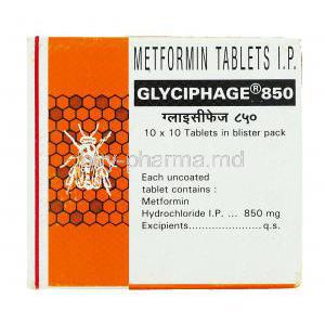 Glyciphage, Generic  Glucophage, Metformin 850 mg box composition