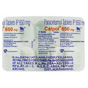Capol, Generic Acetaminophen, Paracetamol  650 mg