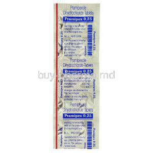 Pramipex, Generic Mirapex, Pramipex/ Pramipexole 0.25 mg packaging