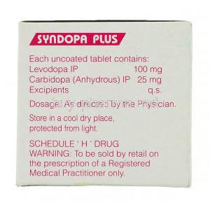 Syndopa Plus, Generic  Sinemet, Carbidopa 25 mg/ Levodopa 100 mg box composition
