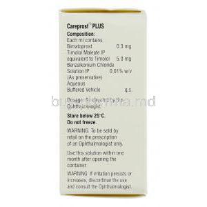 Careprost Plus, Generic Ganfort, Bimatoprost/ Timolol Eye Drop box composition