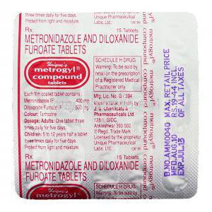 Metrogyl Compound, Generic  Entamizole, Diloxanide furoate 500 mg/ Metronidazole 400 mg