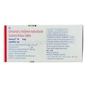 Amaryl M, Metformin 500 mg/ Glimepiride 1 mg  box information