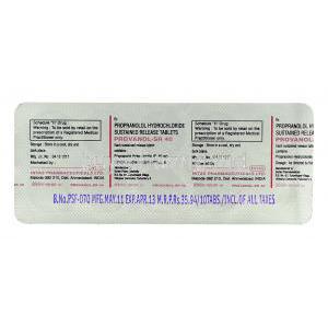 Provanol-SR, Generic  Inderal, Propranolol SR 40 mg packaging