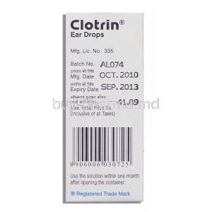 Clotrin Ear Drop box information