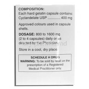 Cyclospasmol, Cyclandelate  400 mg box composition