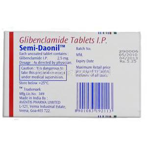 Semi Daonil, Generic Glyburide,  Glibenclamide 2.5 Mg Tablet (Otsira Genetica)
