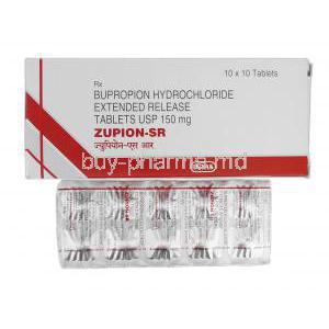 Zupion-SR, Geneiric Wellbutrin SR or Zyban, Bupropion Hydrochloride ER, 150 mg, Box and Strip