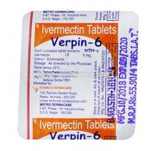 Verpin-6, Ivermectin tablets , 6 mg 4 tabs, Blister pack back presentation with information