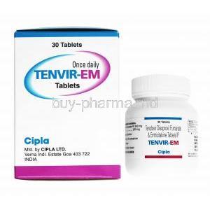 Tenvir-EM, Emtricitabine and Tenofovir disoproxil fumarate box and bottle