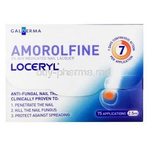 Amorolfine, Loceryl 2.5ml, 5% medicated Nail lacquer, box front presentation