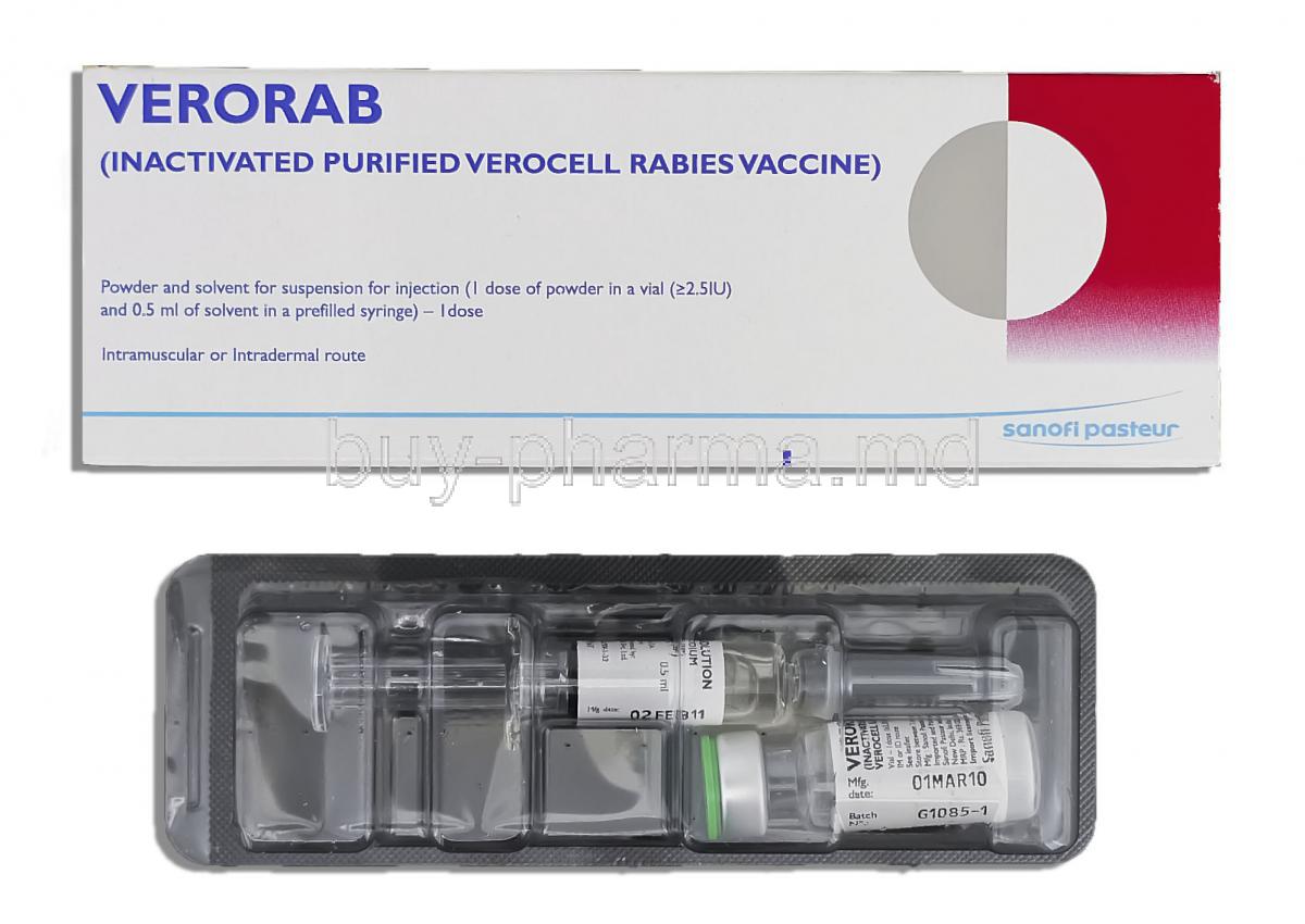 Verorab Rabies Vaccine, Purified Verocell vaccine, rabies (PVRV) 2.5 IU x 1 dose Vial + Syringe