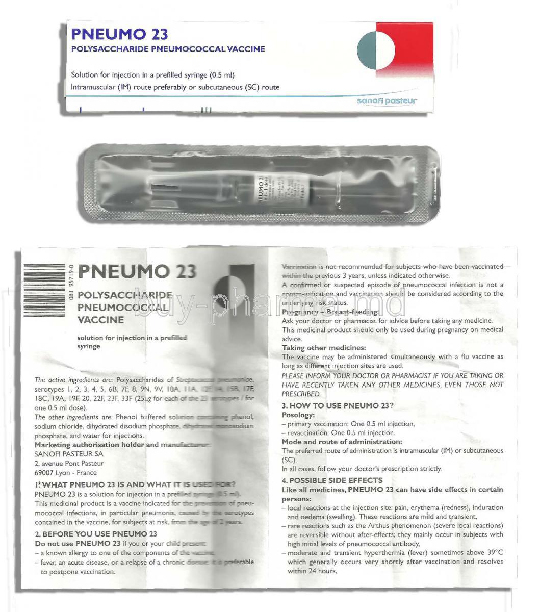 Pneumo 23, Polysaccharide Pneumococcal Vaccine, 25 mcg x 0.5ml Injection