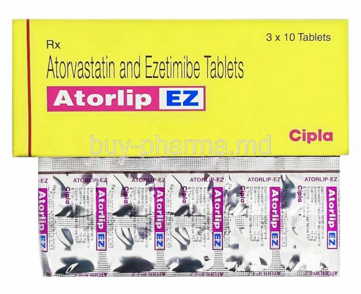 Atorlip EZ, Atorvastatin and Ezetimibe box and tablets