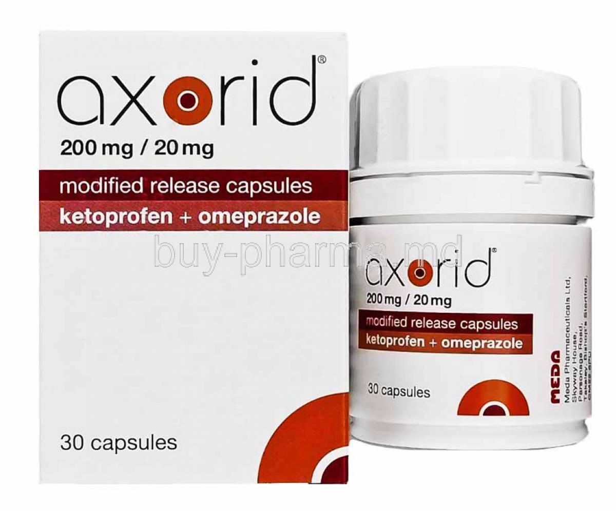 Axorid, Ketoprofen and Omeprazole box and capsule bottle