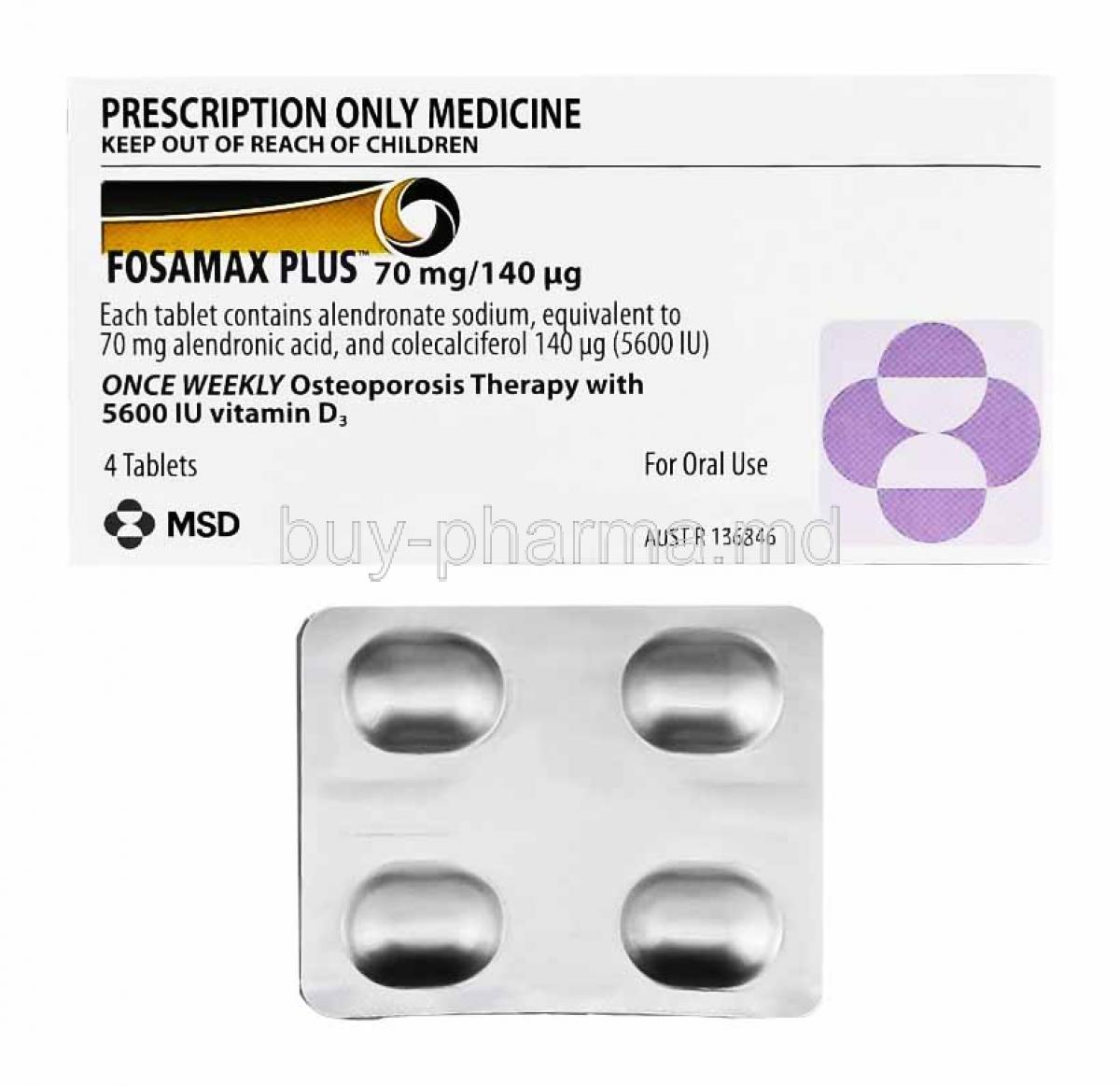 Fosamax Plus, Alendronic Acid and Cholecalciferol box and tablets