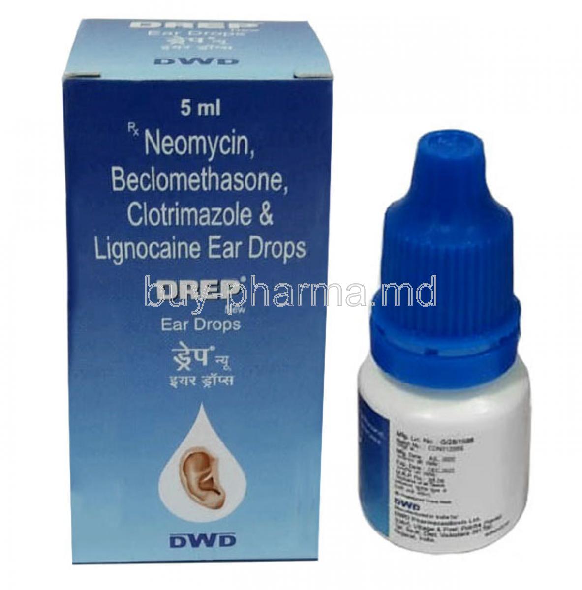 Drep Ear Drops, Ofloxacin 0.3%wv Beclomethasone 0.025%wv Clotrimazole 1%wv Lignocaine 2%wv, Ear Drops 5mL, DWD Pharma, Box front view, Bottle(New package)