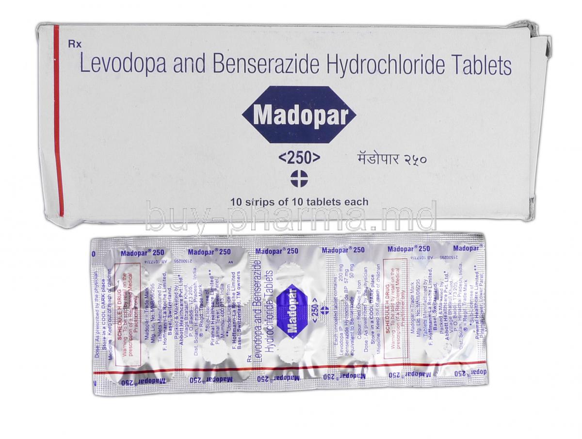 Madopar, Geneiric Prolopa, Levodopa and Benserazide Hydrochloride, 200 mg and 50 mg, Box and Strip