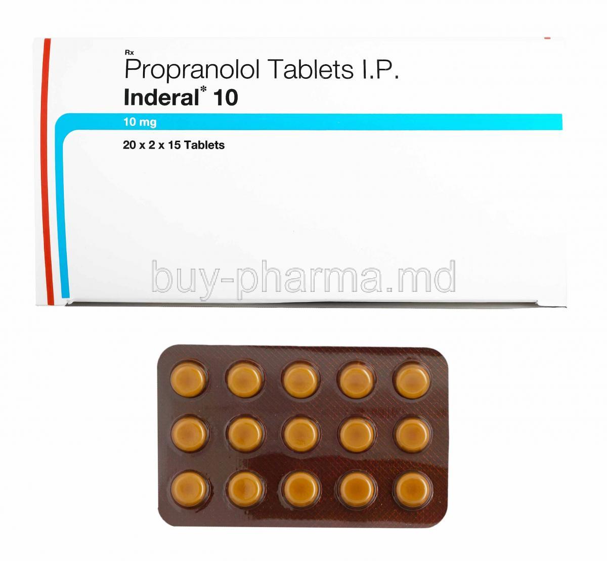 Inderal, Propranolol 10mg box and tablets