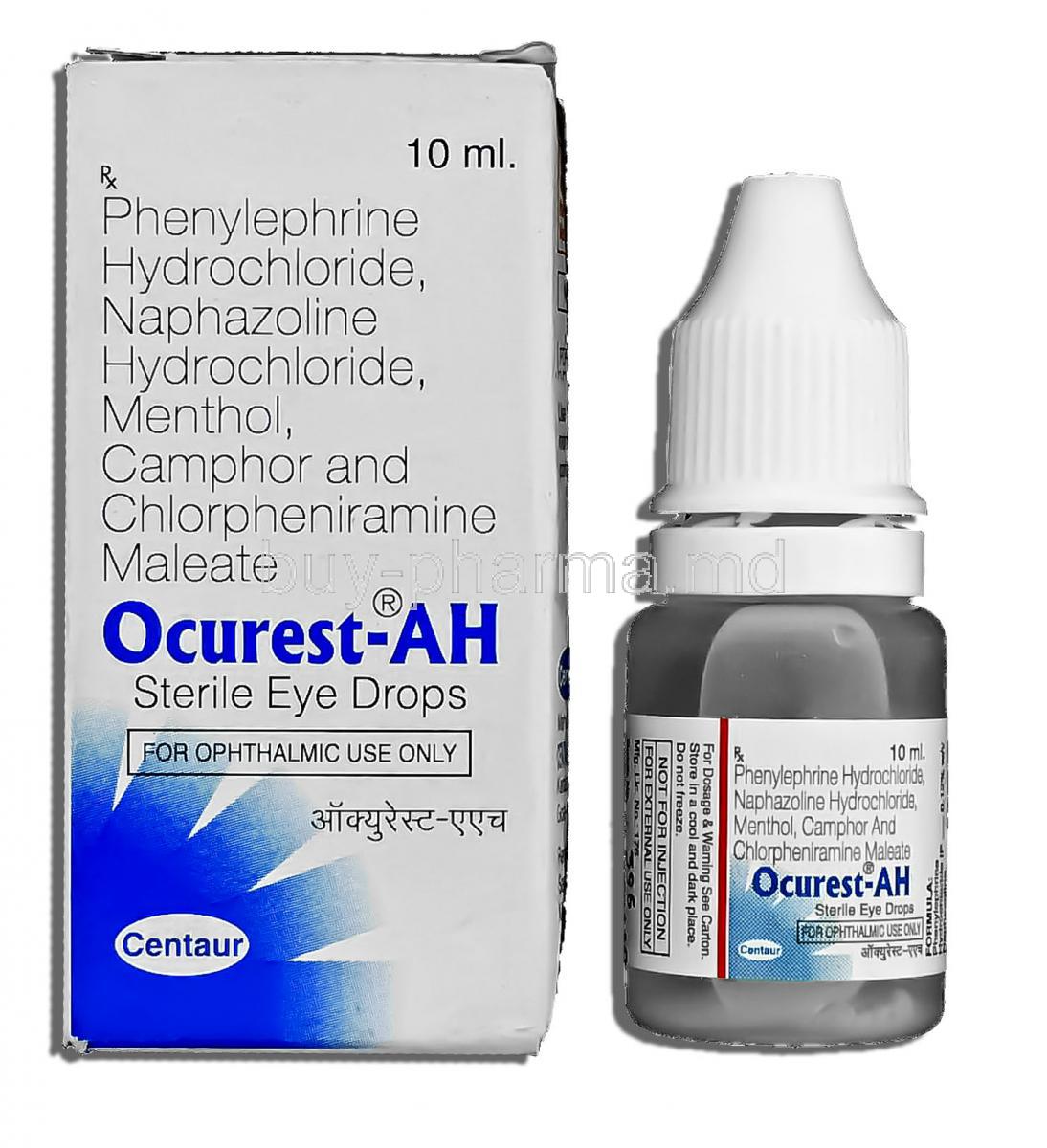 Ocurest-AH,  Naphazoline Hydrochloride/ Phenylephrine Hydrochloride/ Chlorpheniramine Maleate 10 Ml Eye Drops (Centaur)