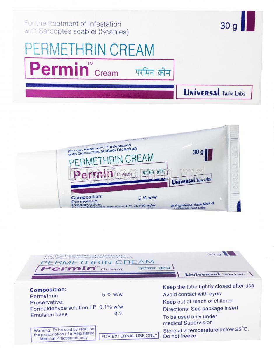 Permin Cream 30g, Permethrin box and tube