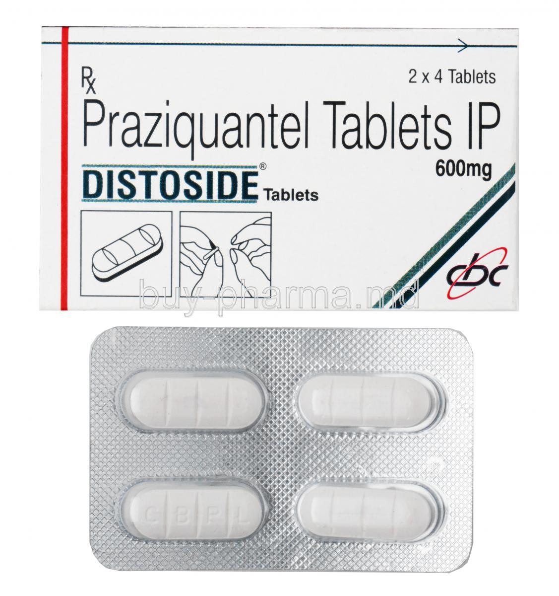 Distoside, Generic Biltricide, Praziquantel 600 mg Tablet (Chandra Bhagat Pharma)